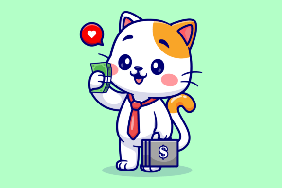 Cute Cat Business Holding Money Cartoon